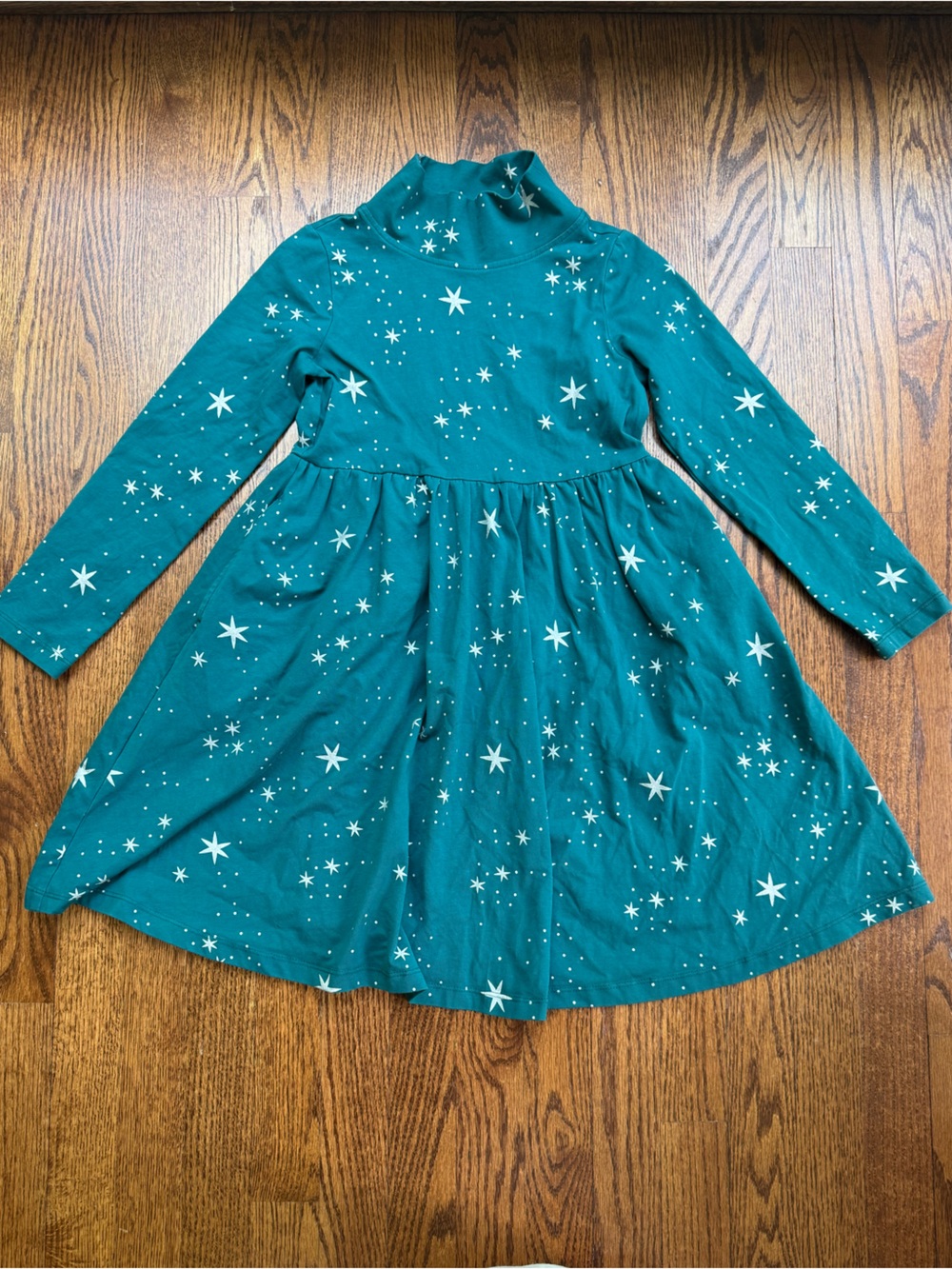 Hanna Andersson Teal Star Print Turtleneck Skater Dress Sz 8